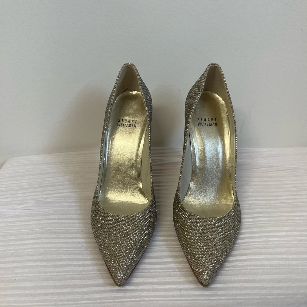Stuart Weitzman Anny 95 Gold Glitter Stiletto Pumps Sz 8 Holiday Party NYE